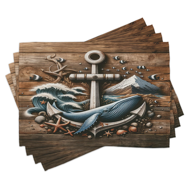 Nautical Cocoa and Slate Blue Polyester Rectangle Placemats Set of 4