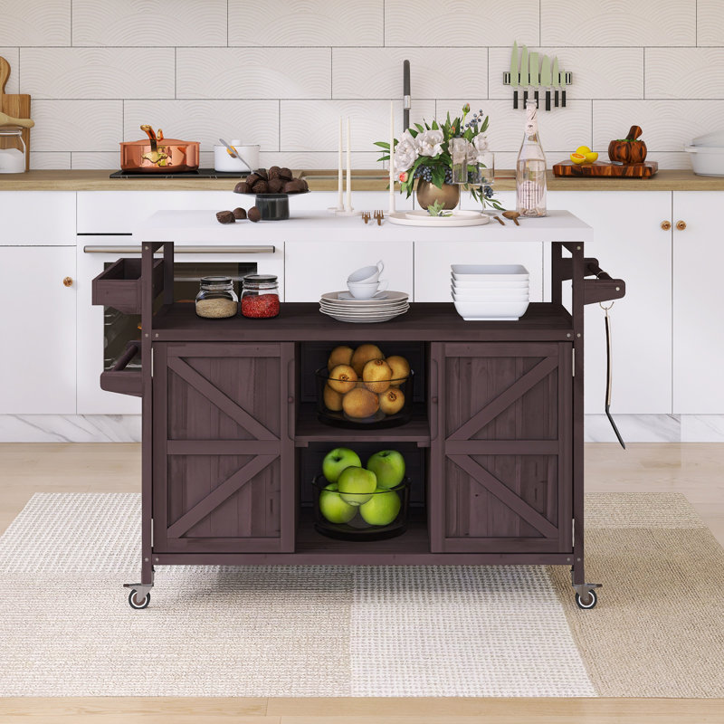 50" Stainless Steel Countertop Kitchen Cart With Spice Rack & Towel Rack, Brown