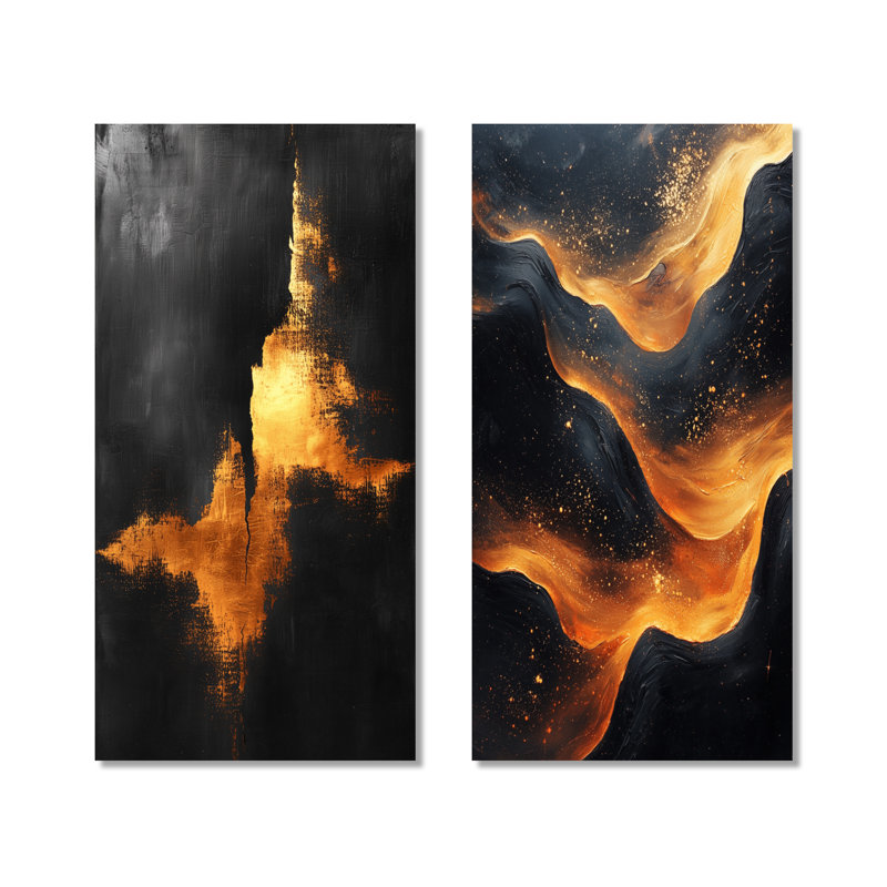 «Black and Gold Ethereal Dream I» - Ensemble de 2 reproductions d'art murales abstraites en métal, 40" H x 40" W