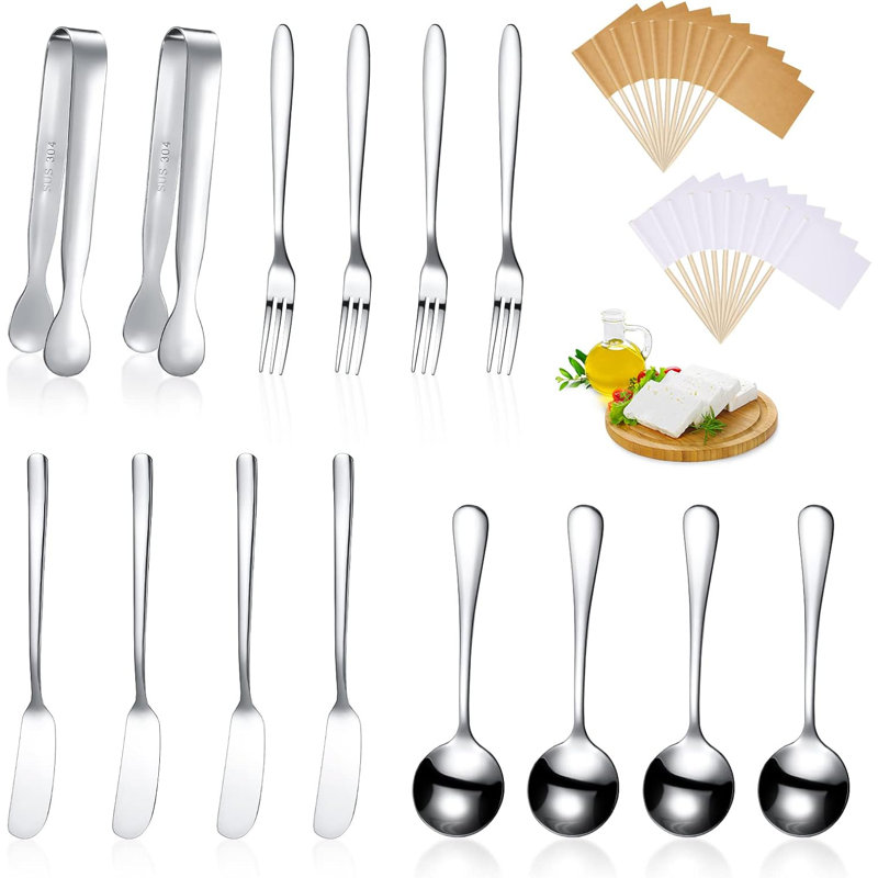 Ensemble de couteaux à tartiner au beurre en acier inoxydable avec mini pinces de service, cuillères et fourchettes - ustensiles pour planches de charcuterie