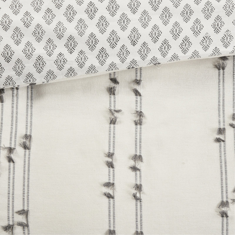 Housse de couette 100% coton pour lit double / grand lit et gris, fermeture à boutons, attaches intérieures, revers à rayures, 4 coins lavables à la machine
