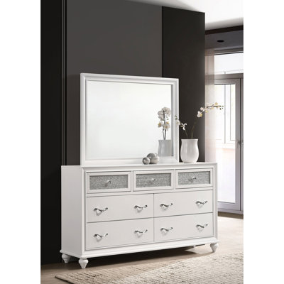Commode blanche 7 tiroirs avec miroir assorti, commode en bois d'hévéa avec quincaillerie en cristal, ensemble de coiffeuse Glam