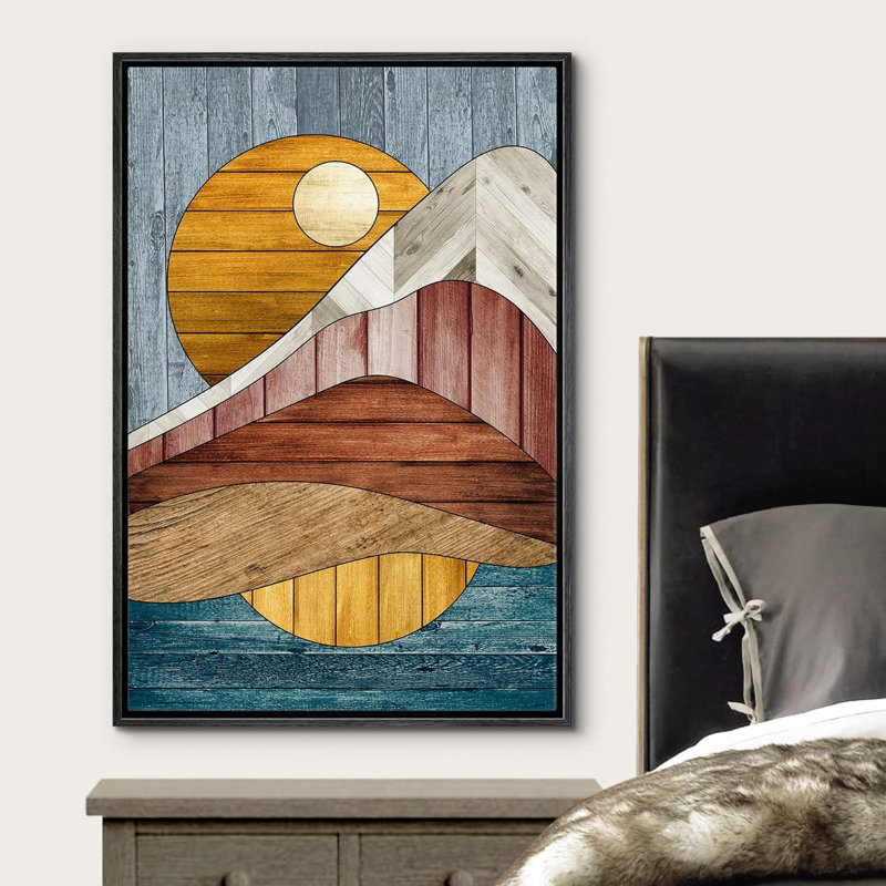 Western Wood Effect Landscape Mountain Range Sun Nature On Canvas Print, 36" H x 24" W x 1.5" D, Black Floater Framed