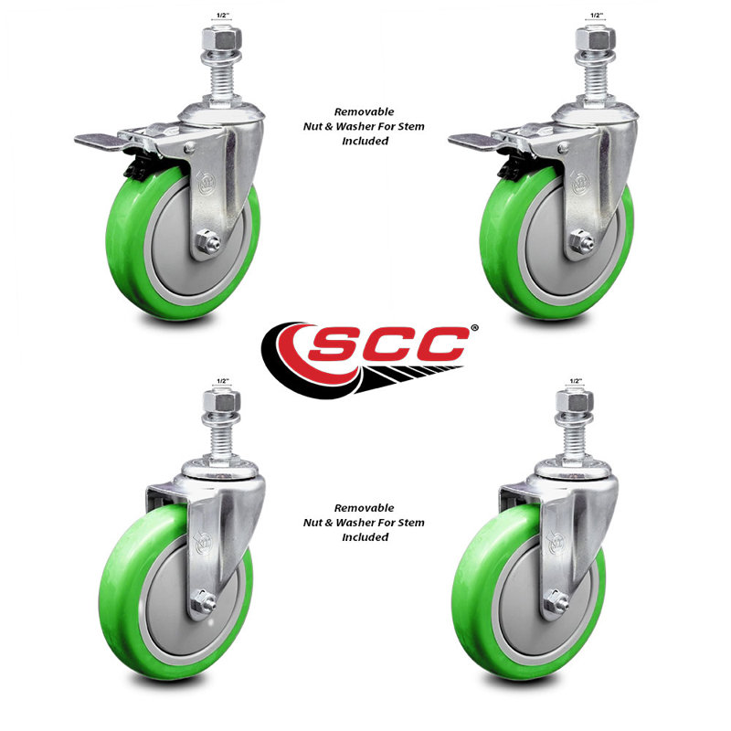 5 Inch SS Green Polyurethane ½ Inch Threaded Stem Caster Set 2 Total Lock Brake