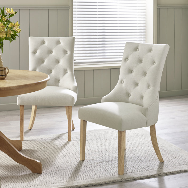 Eubanks Beige Linen Fabric Dining Chairs Effect Legs - Luxury Modern Chesterfield Style, Oak