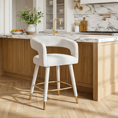 24" Counter Height Bar Stool With Upholstered Open Barrel Back And Gold Footrest