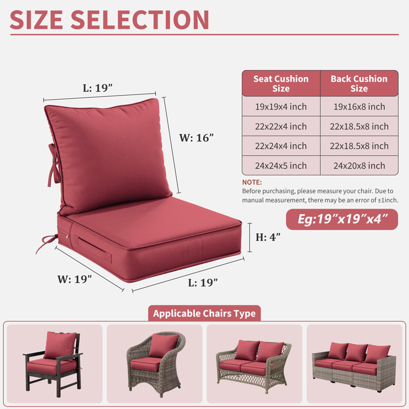 Outdoor Deep Seating Cushion Set Indoor And Outdoor Seat / Back Cushion, Available In 4 Sizes, 19" H x 19" W, Fuchsia Red