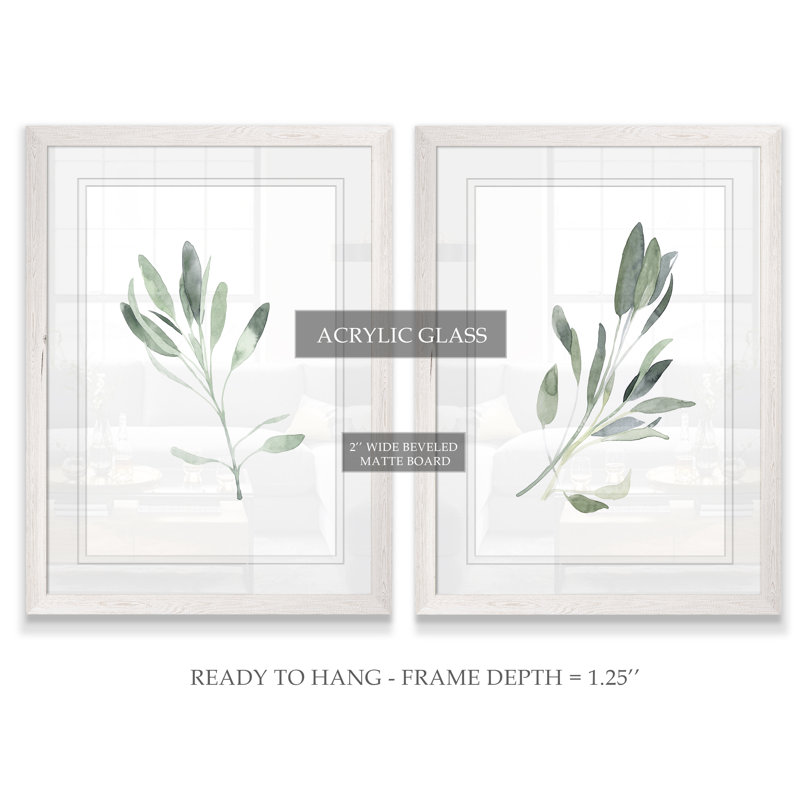Simple Sage - 2 Piece Picture Frame Painting Print Set, White Framed Set, White Mat, 20" H x 16" W x 1.25" D