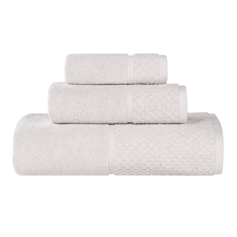 Eliora Lodie Cotton Plush Soft Absorbent Jacquard Solid 3 Piece Towel Set, Stone/White