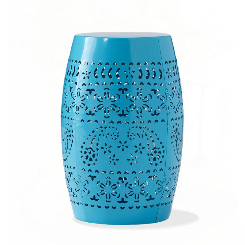 Lace Cut Metal Barrel Shape Accent Table, Blue
