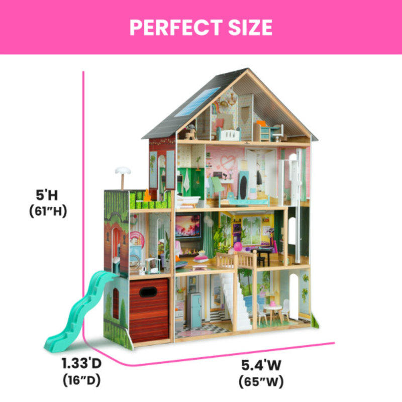 Maison de poupée deluxe pour enfants Delta - Maui - Grande maison de poupée de 4 étages avec 12 pièces comprenant 50 accessoires - Élévateur fonctionnel, glissoire à vagues, lumières / sons - Convient aux poupées de 12 pouces - Cadeau de jeu pour enfants de 3 ans et plus