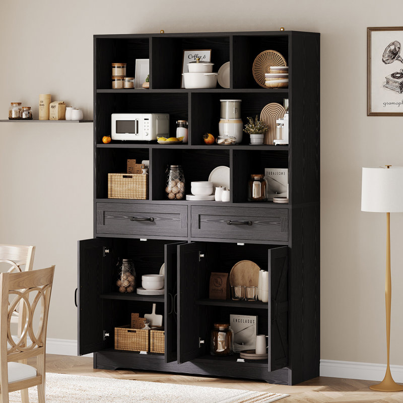 71in Bookcase,  6-Tier Large Wooden Kids Bookshelf with 2 Drawers, 4 Doors, Black