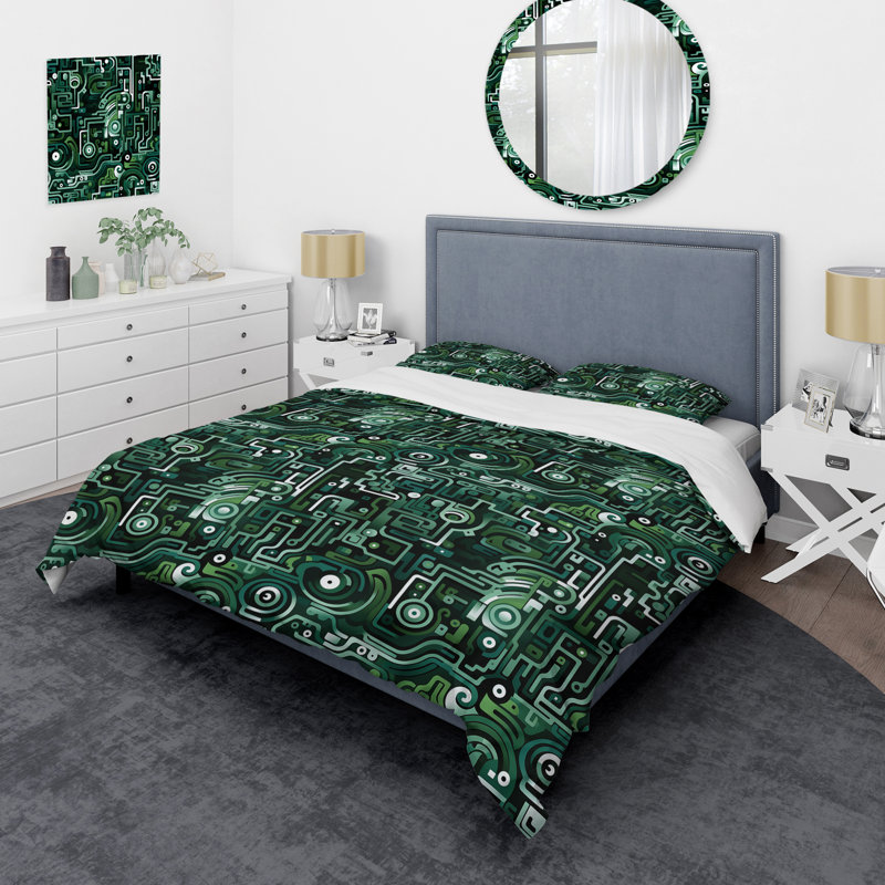 Literie Green Techno Fusion Maze, Housse de couette pour grand lit et 2 taies décor