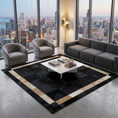 Black Cowhide Patchwork Rug with Gold Border - Luxury Leather Area Rug for Bedroom, Living Room - Multisize Floor Carpet