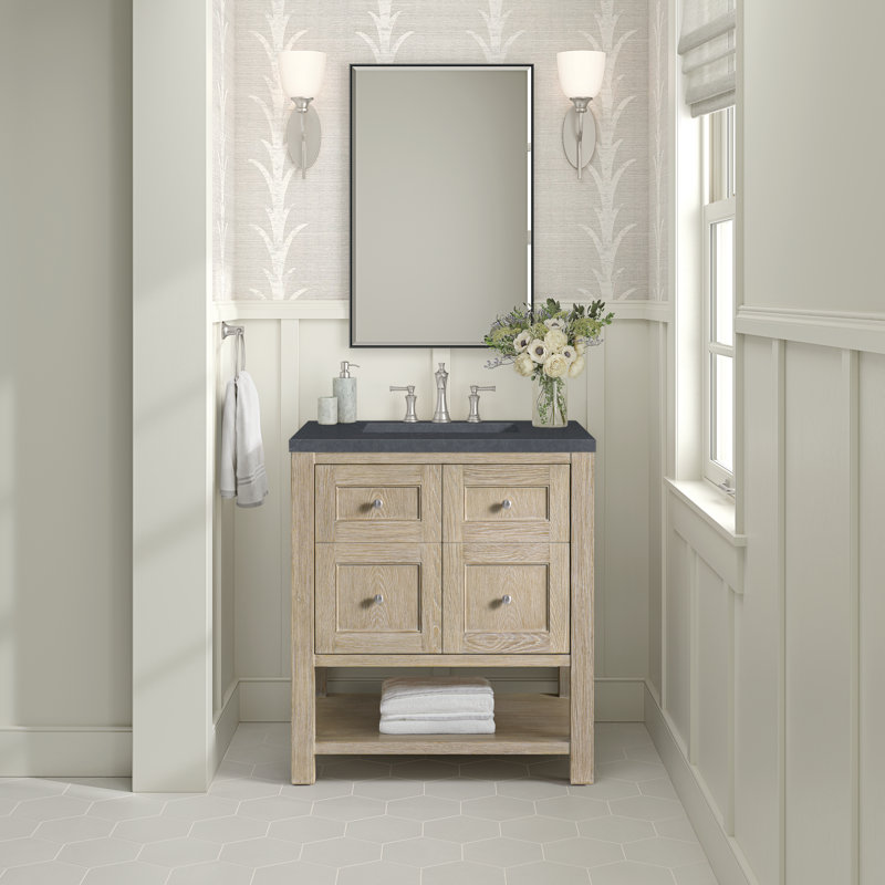 Breckenridge 30'' Single Bathroom Vanity with Top, Charcoal Soapstone, Whitewashed Oak, 8" Widespread