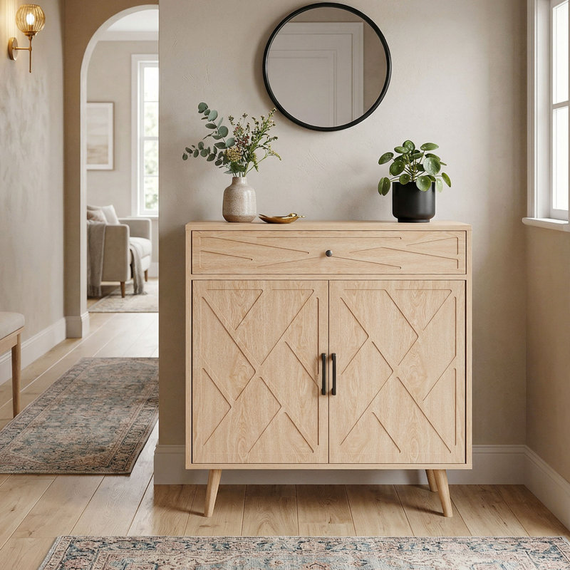 30" Farmhouse Sideboard Buffet Cabinet with Patterned Doors, Oak