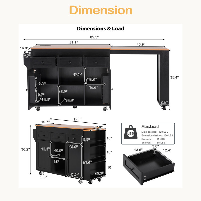 Îlot de cuisine 85,5 po avec table de salle à manger extensible, table de rangement avec 3 tablettes ouvertes latérales, îlot de cuisine roulant avec prise de courant, 3 tiroirs, 2 portes, pour la cuisine, la salle à manger