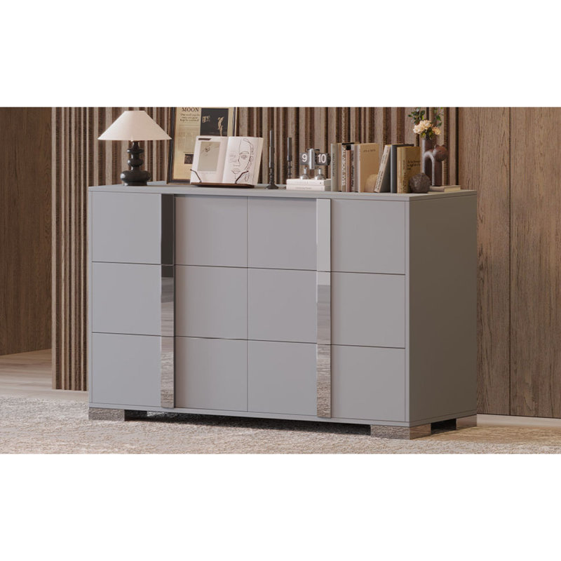 Commode élégante avec poignée en métal, armoire de rangement à miroir avec 6 tiroirs