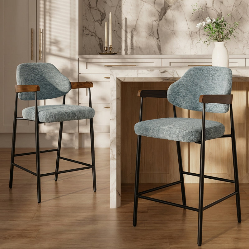 Tabouret de comptoir rembourré avec accoudoirs Devane, Bleu