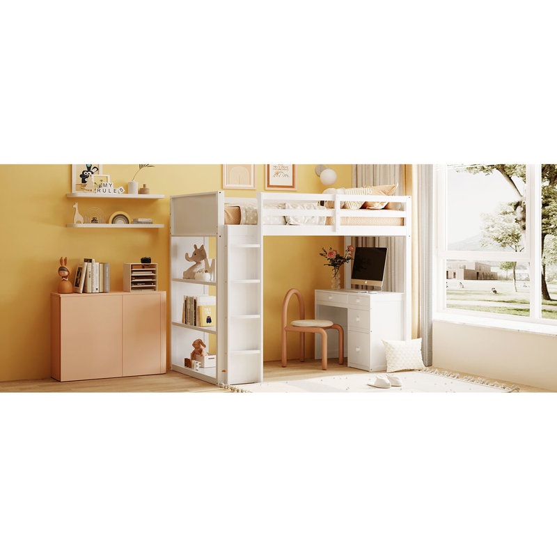 Lit mezzanine simple blanc avec tablettes, bureau - Structure en bois massif pour une durabilité supérieure et une optimisation de l'espace