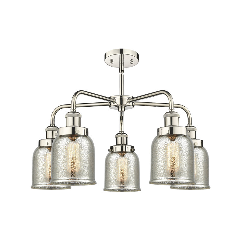 Lustre en verre à 5 lumières Bell, Argent mercuré plaqué, Nickel poli
