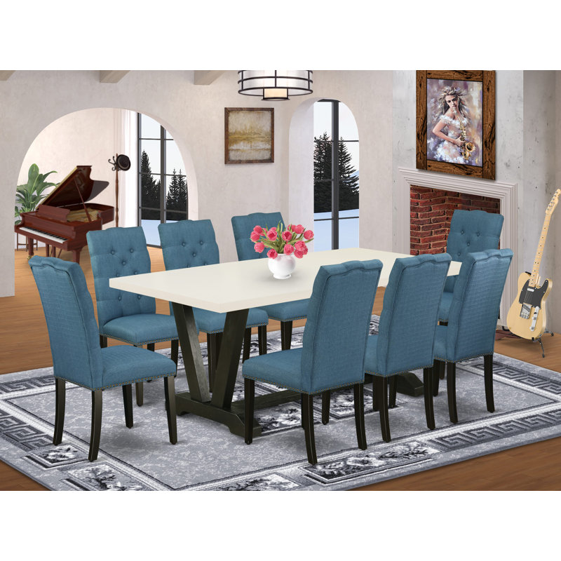 9-Piece Set Includes a Linen White Rectangular Table and 8 Mineral Blue Linen Fabric Padded Chairs with Button Tufted Back - Wire Brushed Black Finish