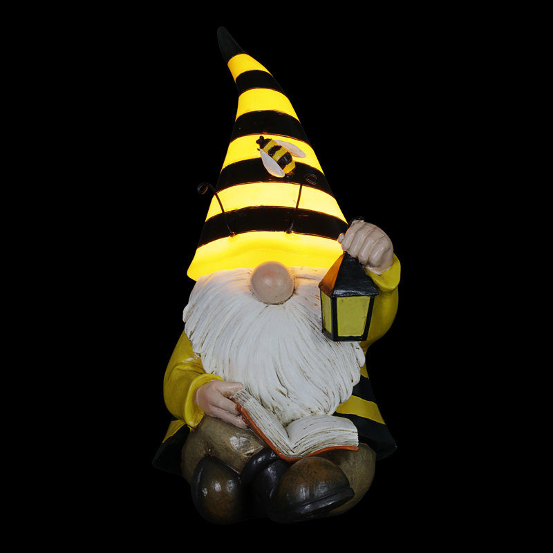 Hand Painted Solar Beekeeper Garden Gnome with Lantern and Book