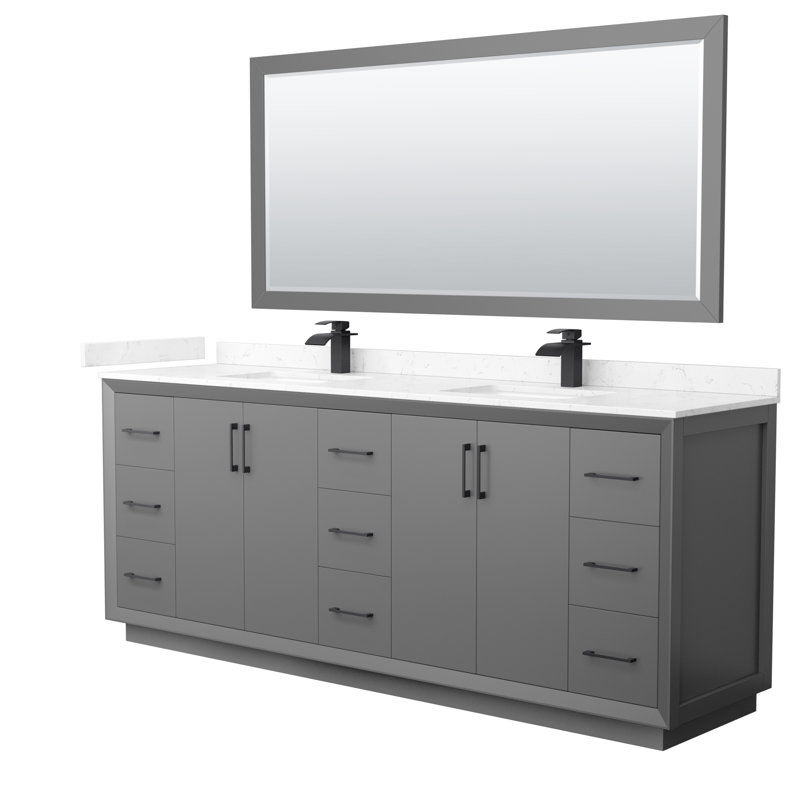Ensemble de meuble-lavabo double 84 po avec miroir Strada, Gris foncé, Noir, noir, noir, noir, Blanc