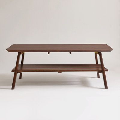 Wooden Coffee Table with Storage Shelf, Mid-Century Rectangular Center Table for Living Room