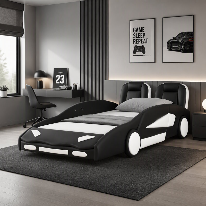 Twin Size Race Car-Shaped Platform Bed With Wheels, Black