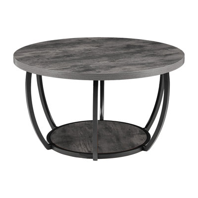 Table basse, table basse ronde moderne, bureau central en bois à 2 niveaux avec rangement ouvert, bureau d'appoint minimaliste avec structure en métal robuste