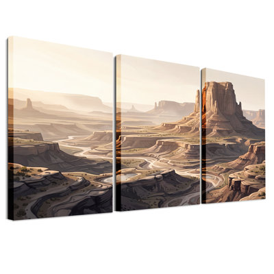 Tan Rock Formation and Winding Stream Landscape Set Of 3 Canvas Wall Art