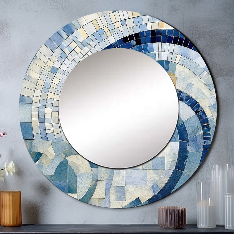 Gold Constructing Blue Realms IV - miroir de formes abstraites, miroir mural rond unique moderne, impression d'art en métal