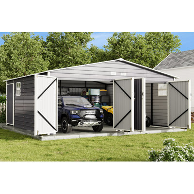 20 X 20 Ft Heavy Duty Carport, Galvanized Steel Frame Car Shelter, Enclosed Storage Shed For Cars & Trucks, Grey