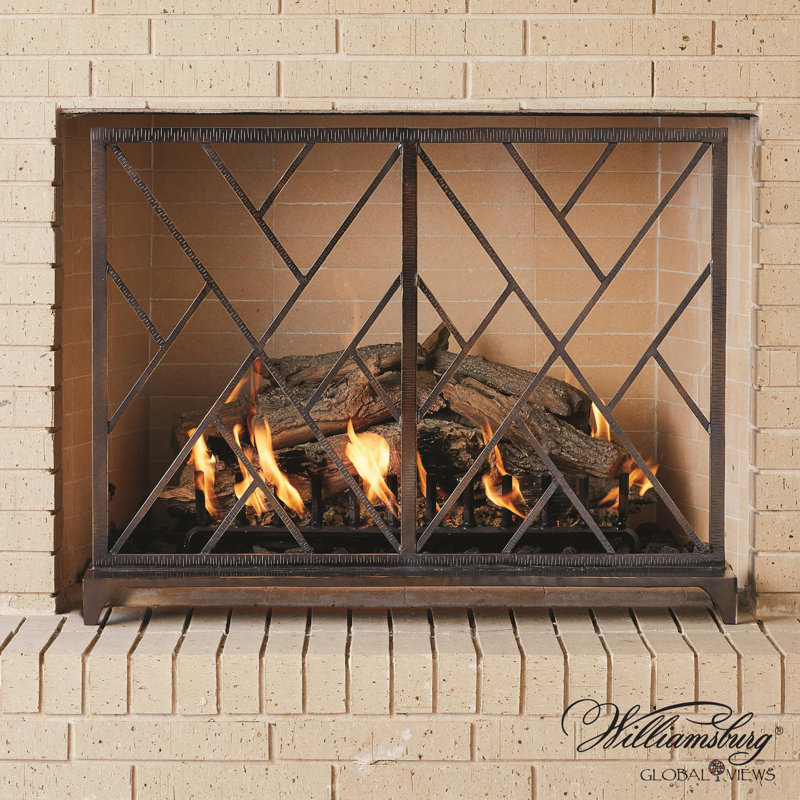 Chinoise Fret Fireplace Screen, Bronze