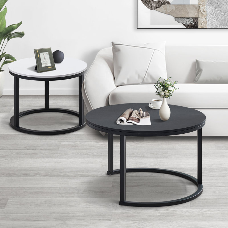 Set of 2 Round Nesting Coffee Tables, Space Saving Split Accent Side Table with Circular Metal Frame for Living Room Bedroom Balcony