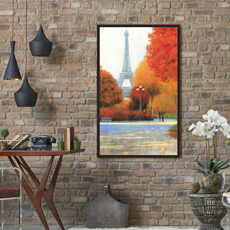 Automne à Paris en couple - Peinture, Cadre flottant espresso, H 63,5 po x l 39,5 po x P 2 po