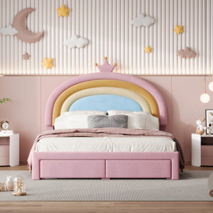 Upholstered Rainbow Design Bed, Velvet Princess Platform Bed With Storage Drawer, No Box-Spring Needed,Colorful&Pink