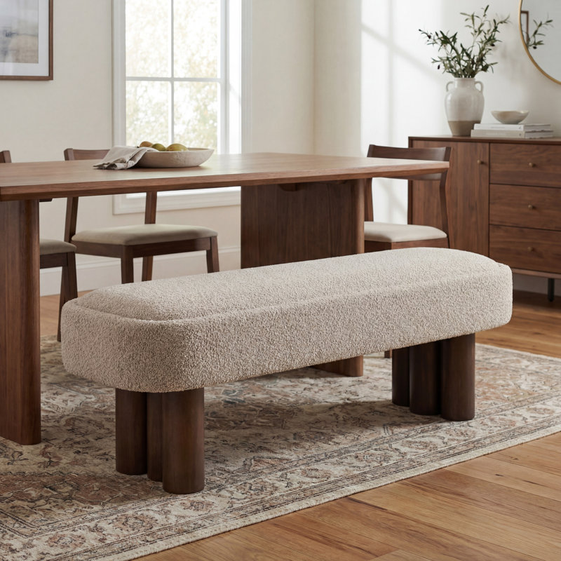 Karsen Mid-Century Modern Upholstered Dining Bench with Wooden Legs, Khaki Boucle, 19.09" H x 60.04" W x 17.32" D