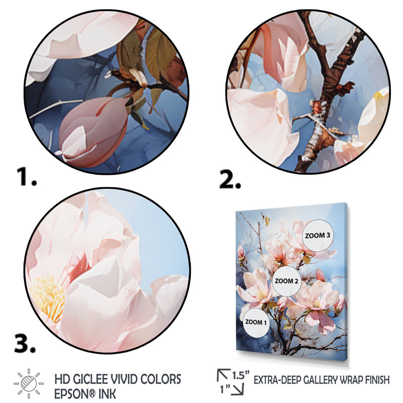 Blanc blanc rose Magnolias Magnolia Whispers II - imprimé, H 32 po x l 24 po x P 1 po, Cadre naturel flottant