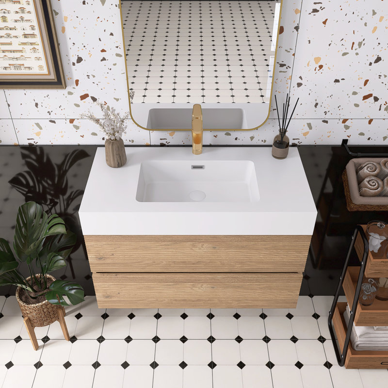 Meuble-lavabo avec lavabo en quartz blanc et tiroirs souples, 36"