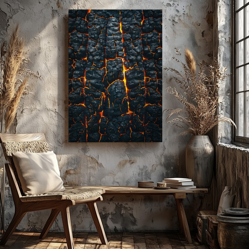 Toile, vue rapprochée d'une surface carbonisée foncée ressemblant à un art mural, H 40 po x l 30 po