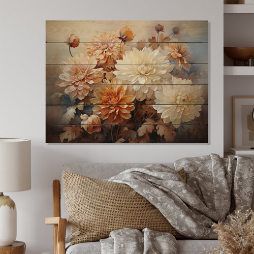Red Barrel Studio® Peach White Charming Chrysanthemums On Wood Print ...