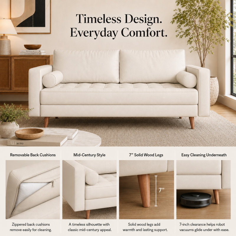 Canapé à accoudoirs carrés en cuir Bridgeview, Cuir végétalien blanc, H 33 po x l 58 po x P 32 po