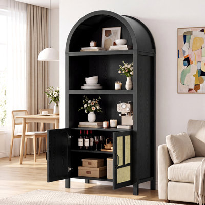 Black 70.2 Inch Tall Arched Pantry Cabinet with Natural Rattan Doors, Adjustable Shelves Freestanding Storage Cabinet for Kitchen & Entryway,Living Room