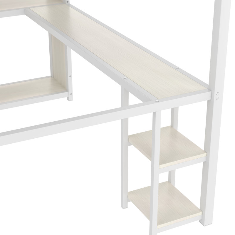Structure de lit mezzanine en métal pour grand lit avec garde-robe intégrée, bureau et tablettes de rangement