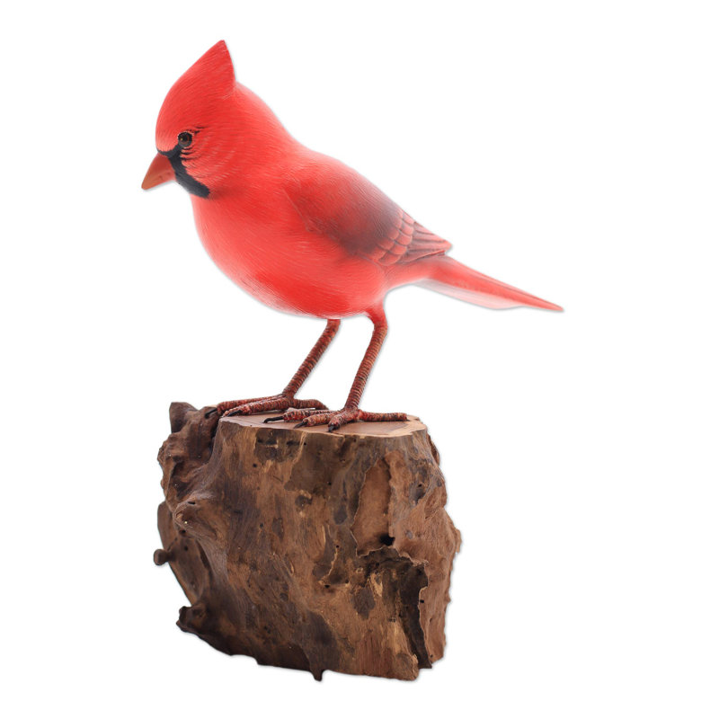 Perched Virginia Cardinal Wood Sculpture