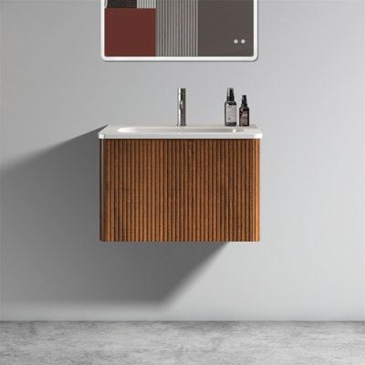 Meuble-lavabo flottant mural en noyer rayé avec lavabo en céramique blanc Etna