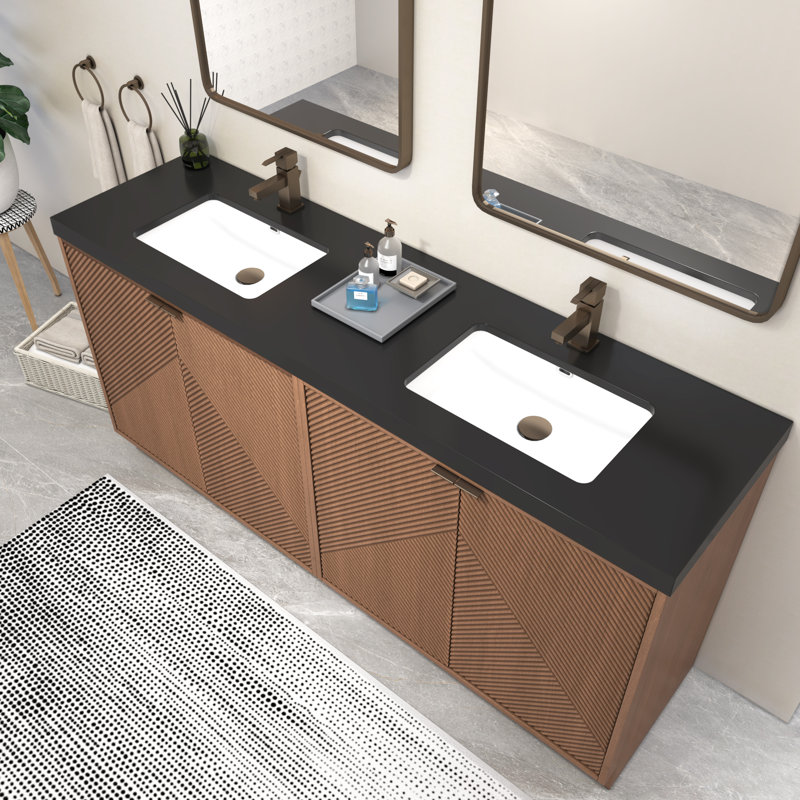 Ensemble de meuble-lavabo autoportant 70,8 po Monterey + double lavabo en acrylique noir renforcé, Brun