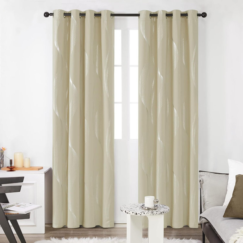 Prewett Super Soft Eyelet Room Darkening Thermal Curtains, Beige Wave Line, Width 117 x Drop 183cm